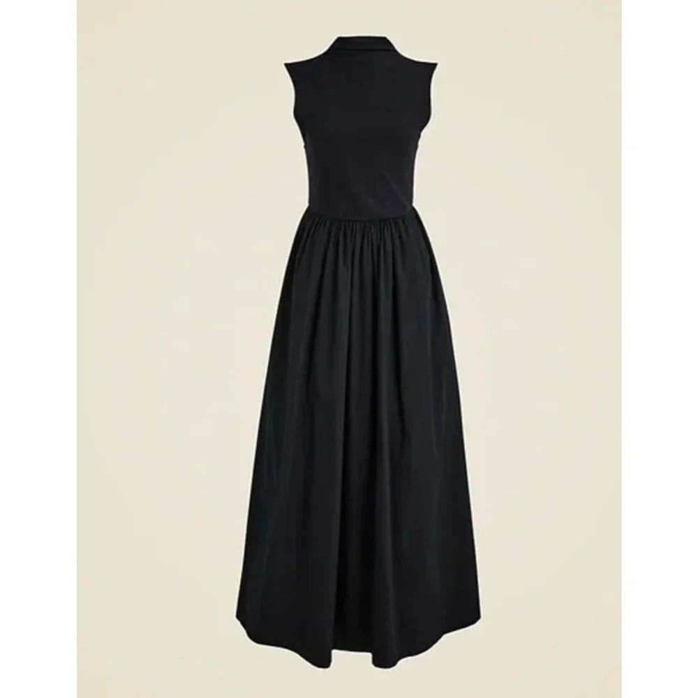 J.Crew Fitted Knit Mockneck Dress Poplin A Line Skirt Black Minimalist XXS NWT